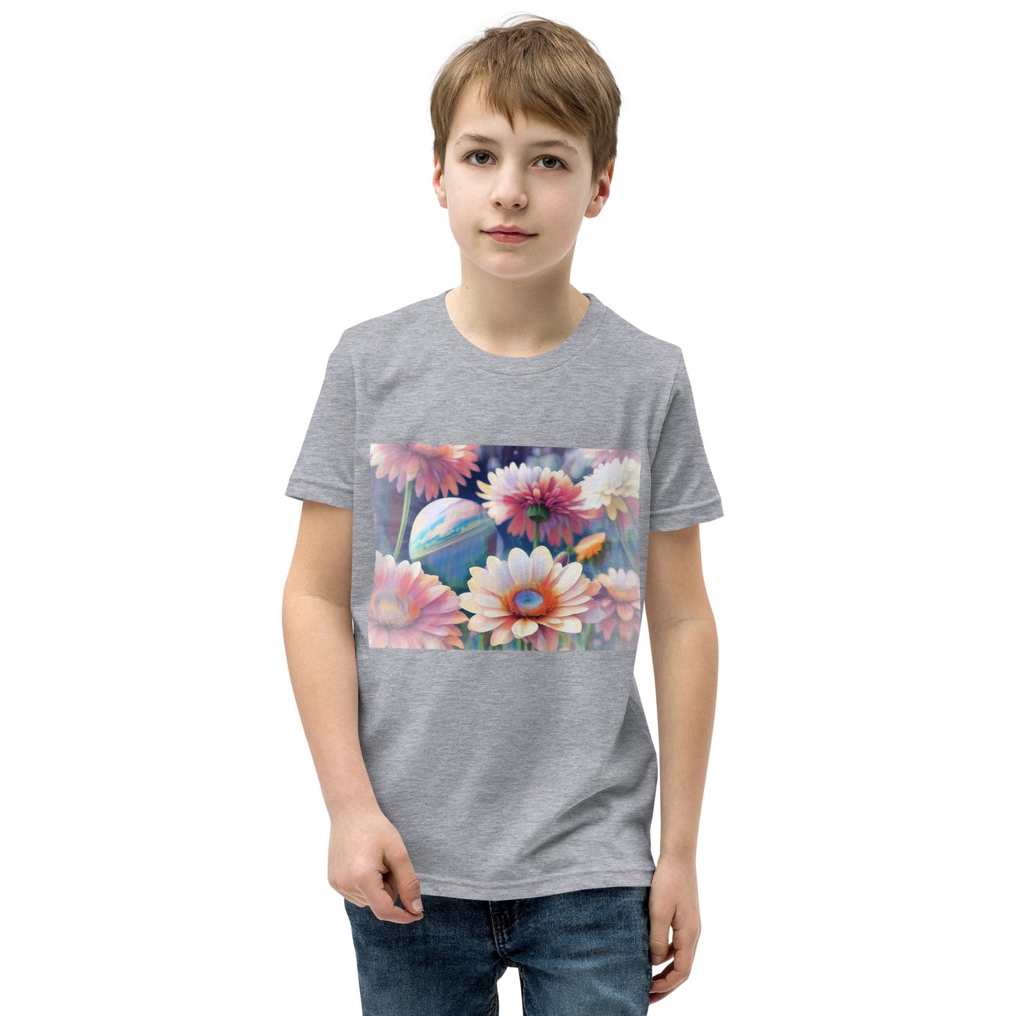 Pink Space Flowers Youth Short Sleeve T-Shirt