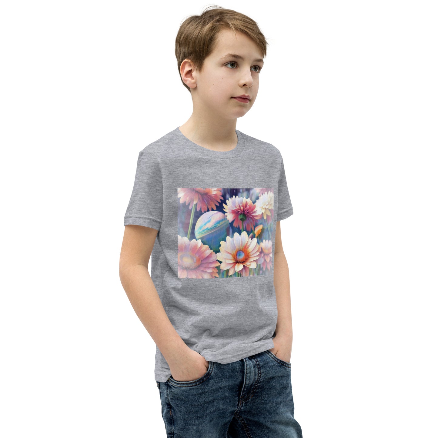 Pink Space Flowers Youth Short Sleeve T-Shirt