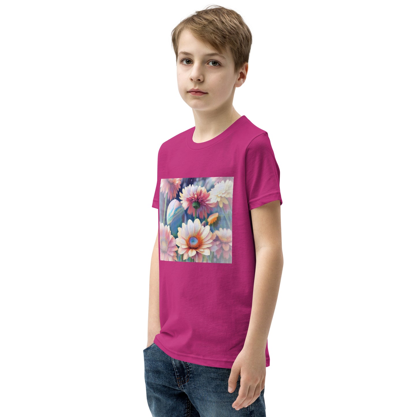 Pink Space Flowers Youth Short Sleeve T-Shirt