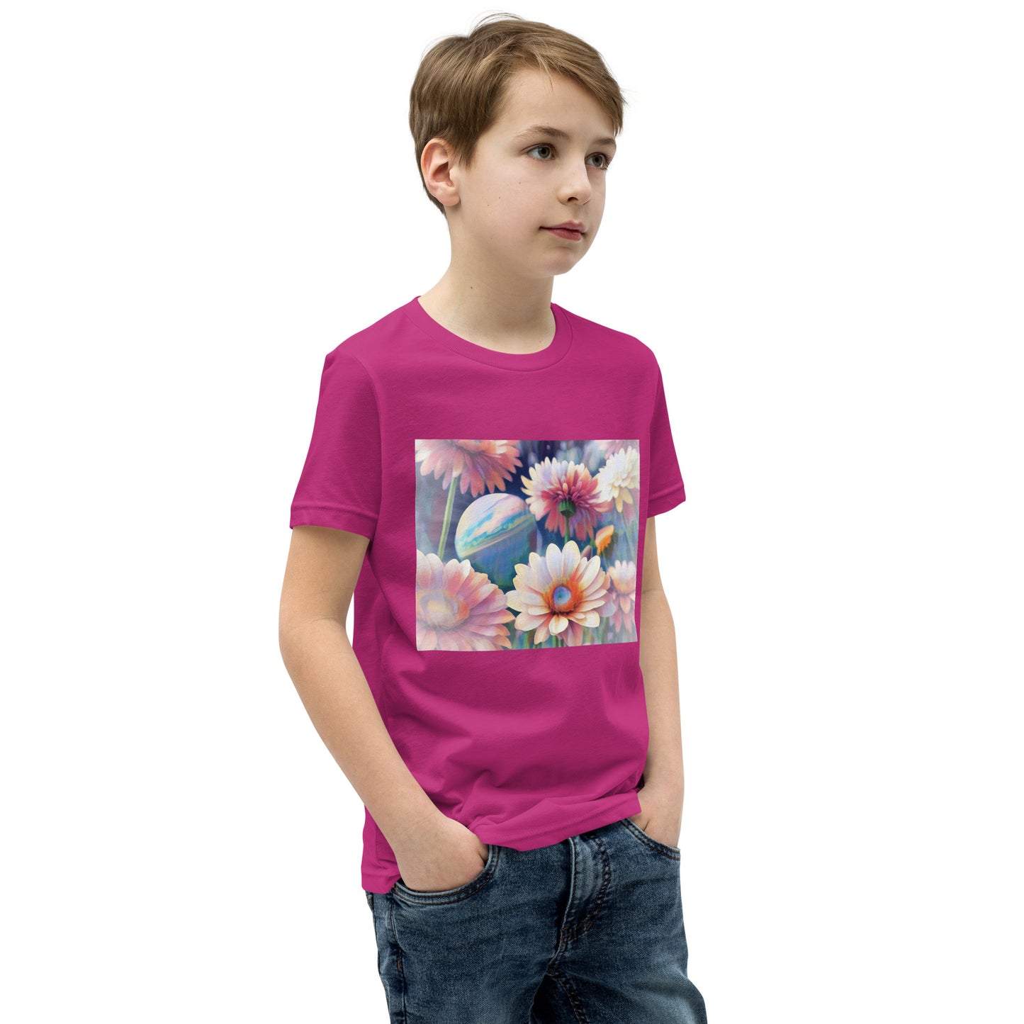 Pink Space Flowers Youth Short Sleeve T-Shirt