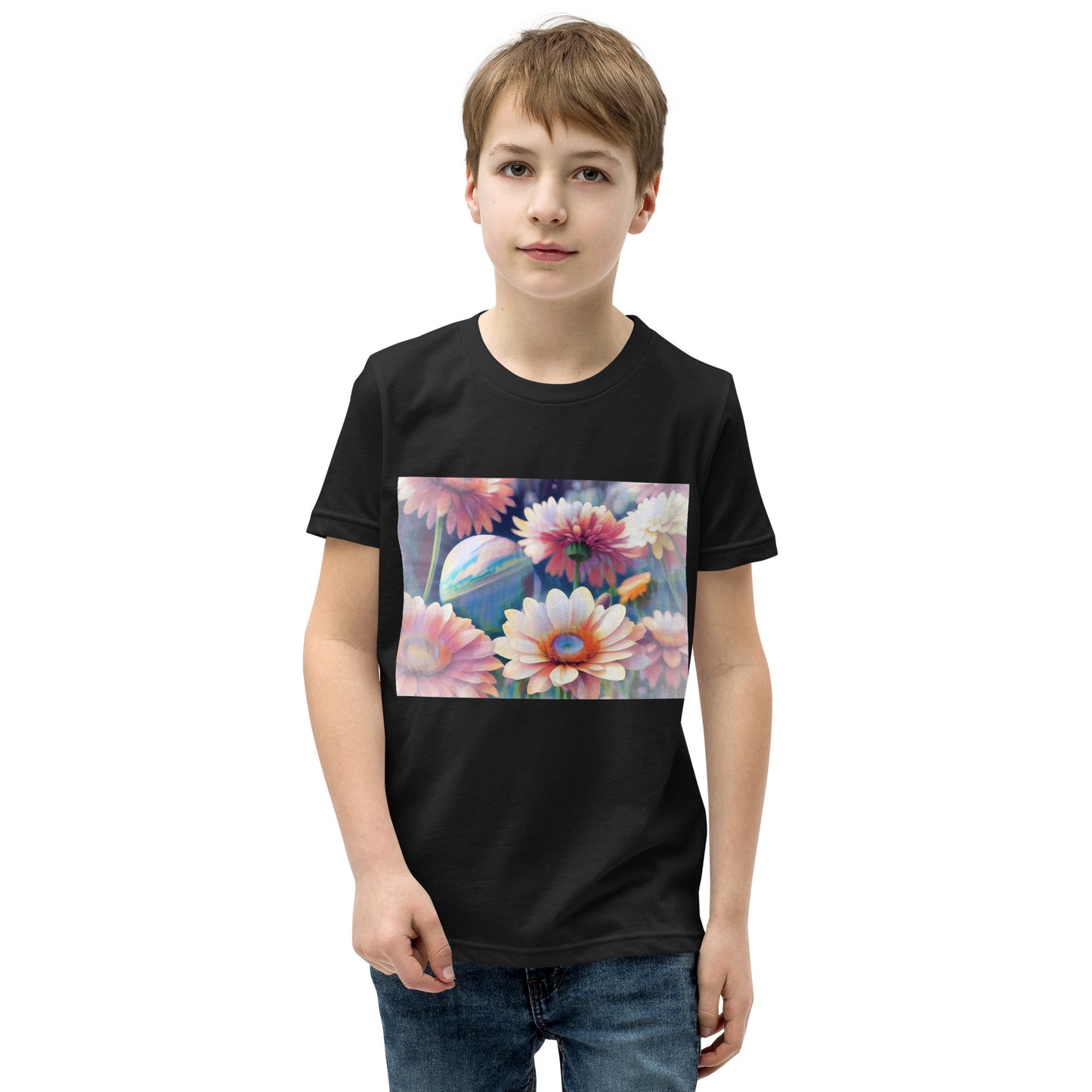 Pink Space Flowers Youth Short Sleeve T-Shirt