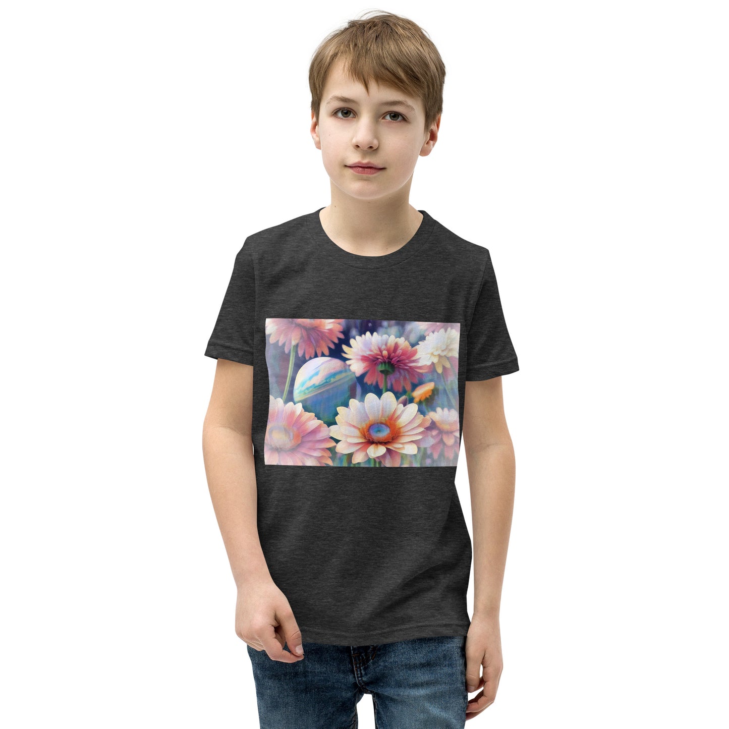 Pink Space Flowers Youth Short Sleeve T-Shirt