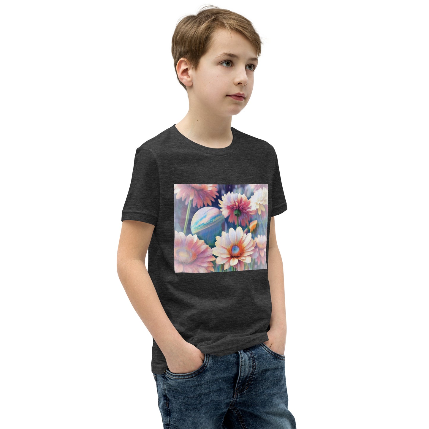 Pink Space Flowers Youth Short Sleeve T-Shirt