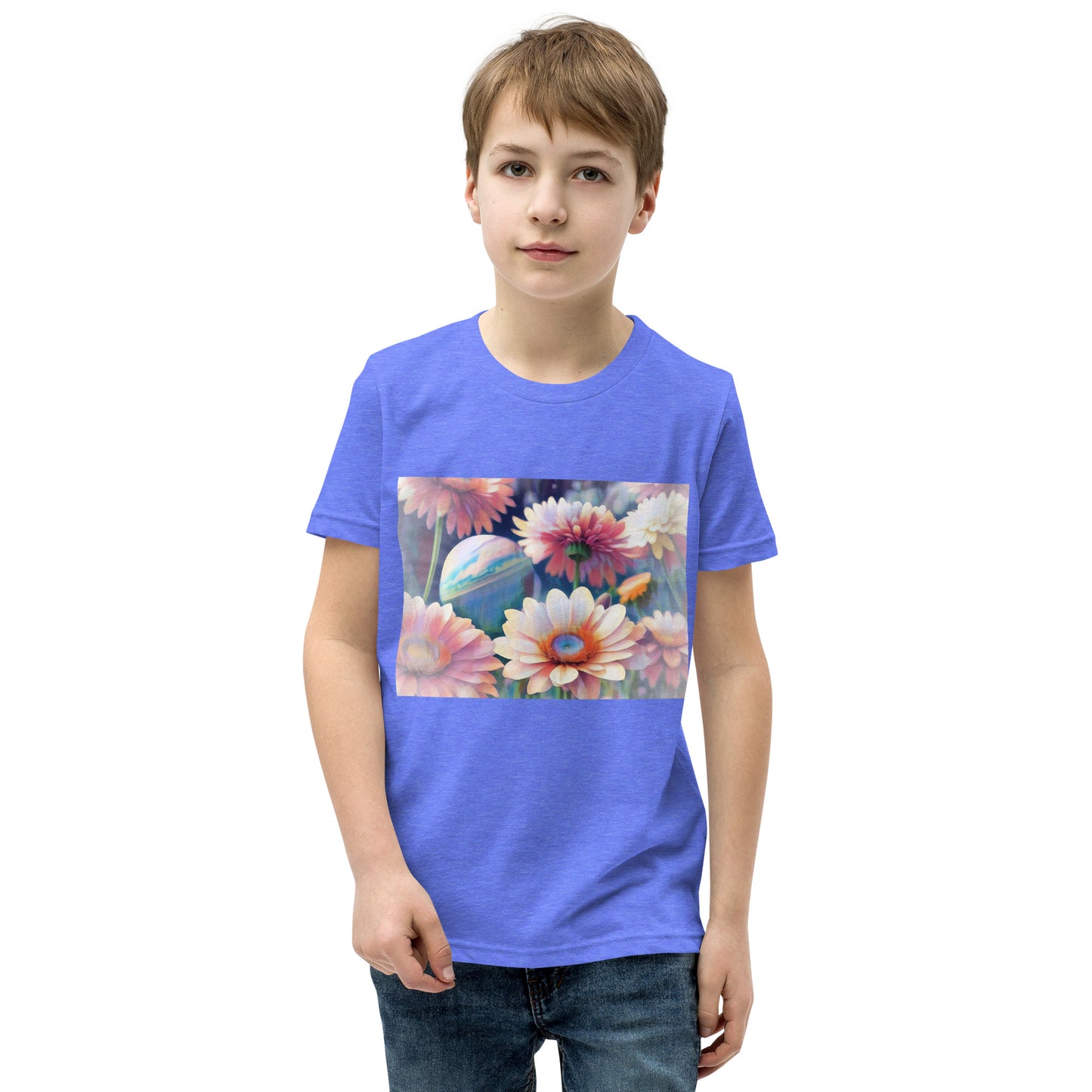 Pink Space Flowers Youth Short Sleeve T-Shirt