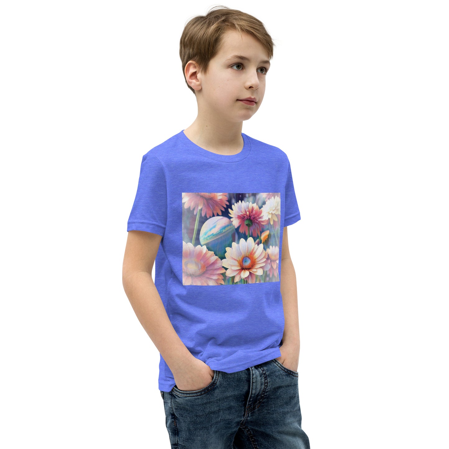 Pink Space Flowers Youth Short Sleeve T-Shirt