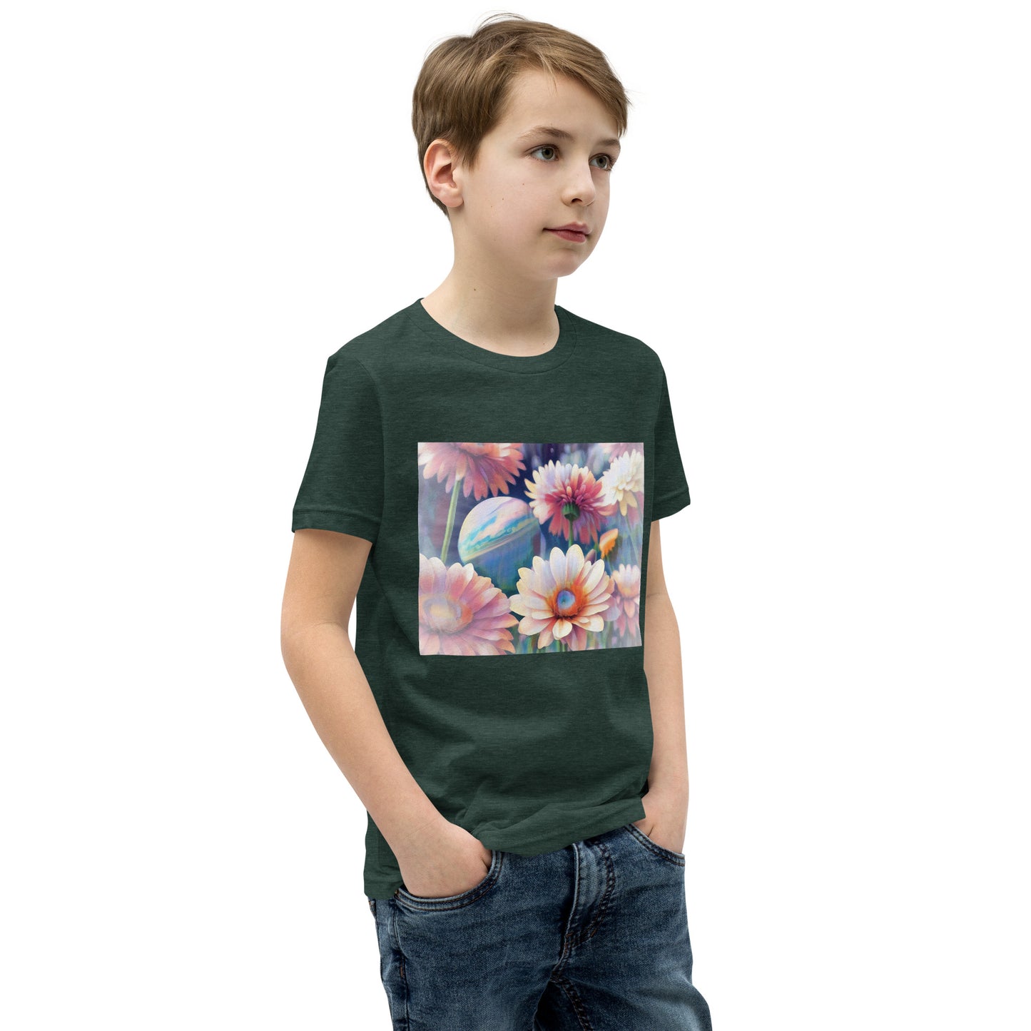 Pink Space Flowers Youth Short Sleeve T-Shirt