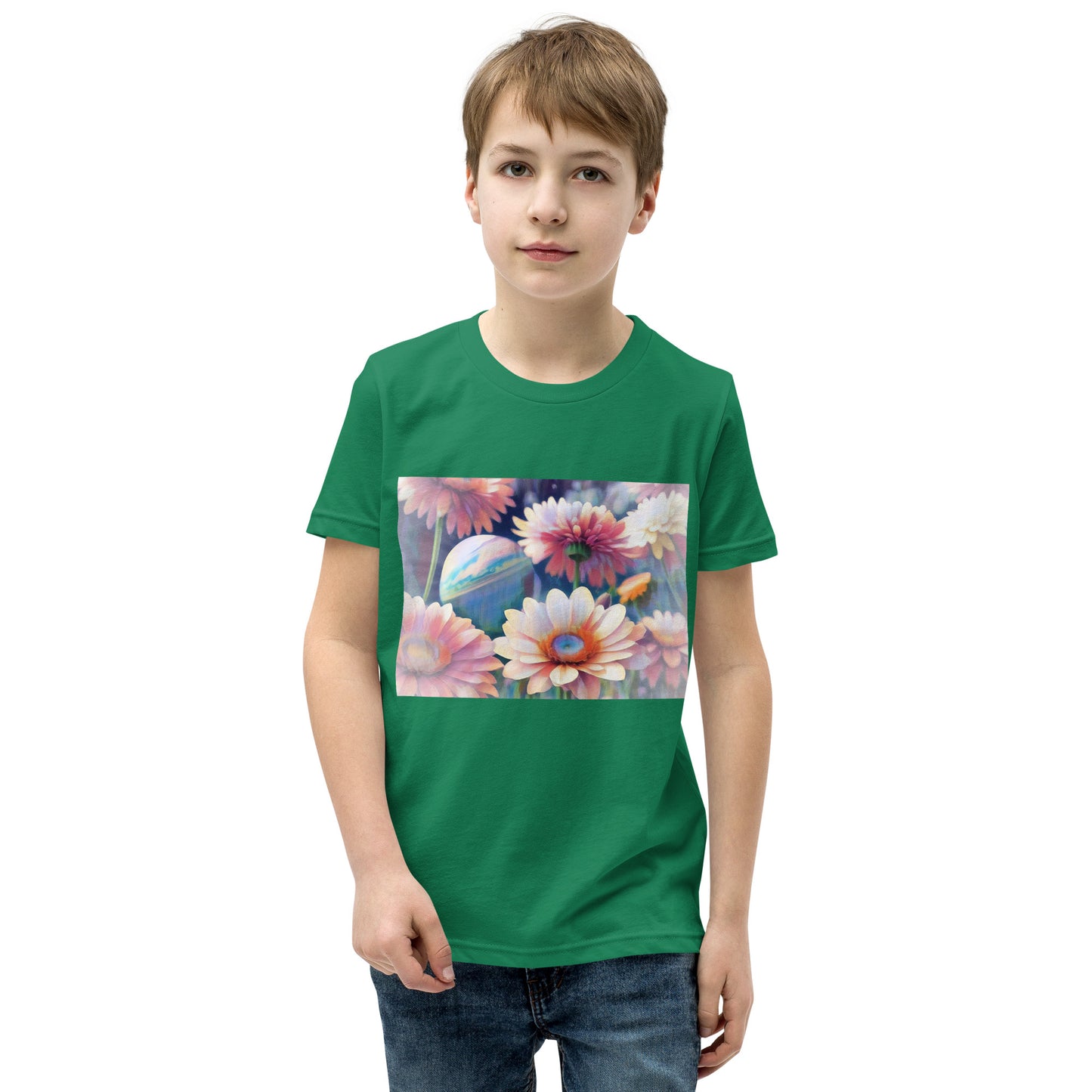 Pink Space Flowers Youth Short Sleeve T-Shirt