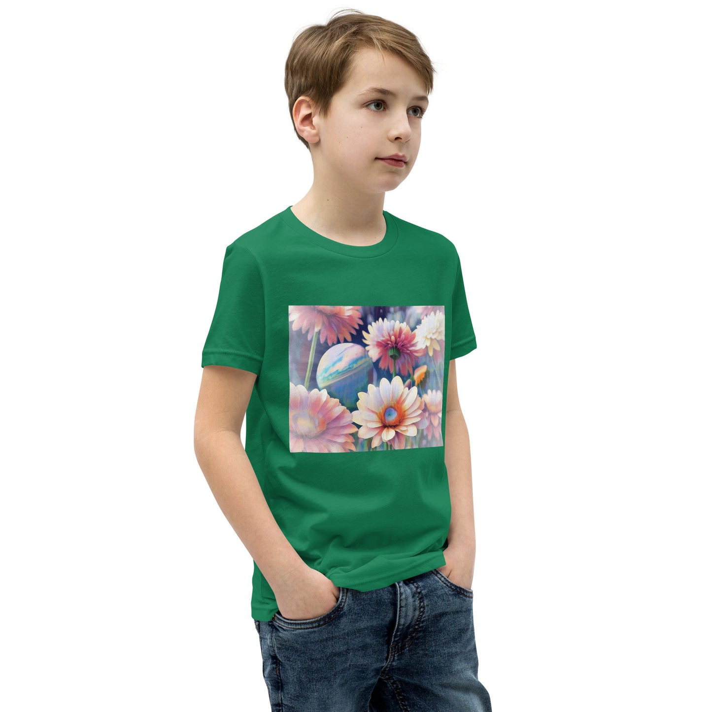 Pink Space Flowers Youth Short Sleeve T-Shirt