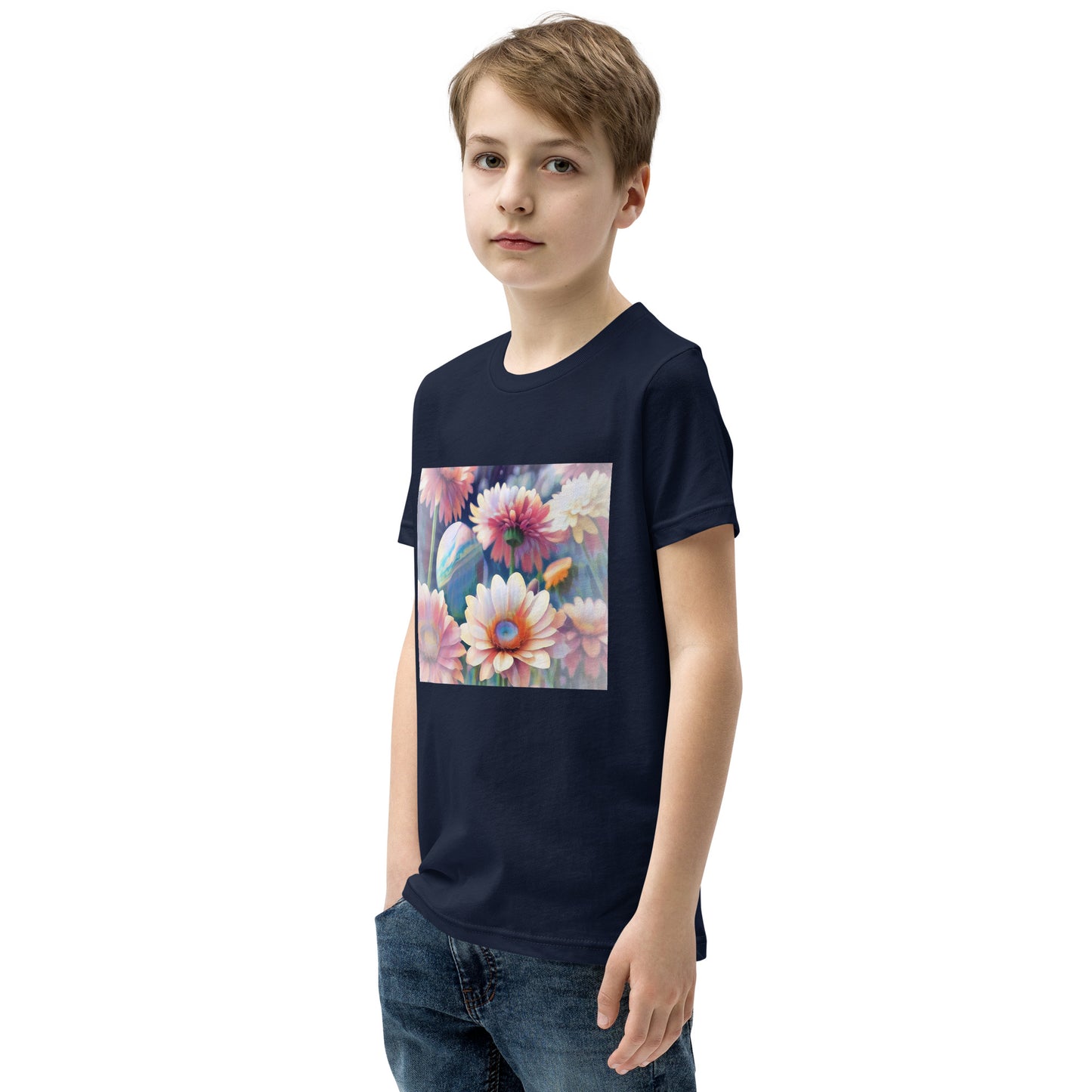 Pink Space Flowers Youth Short Sleeve T-Shirt