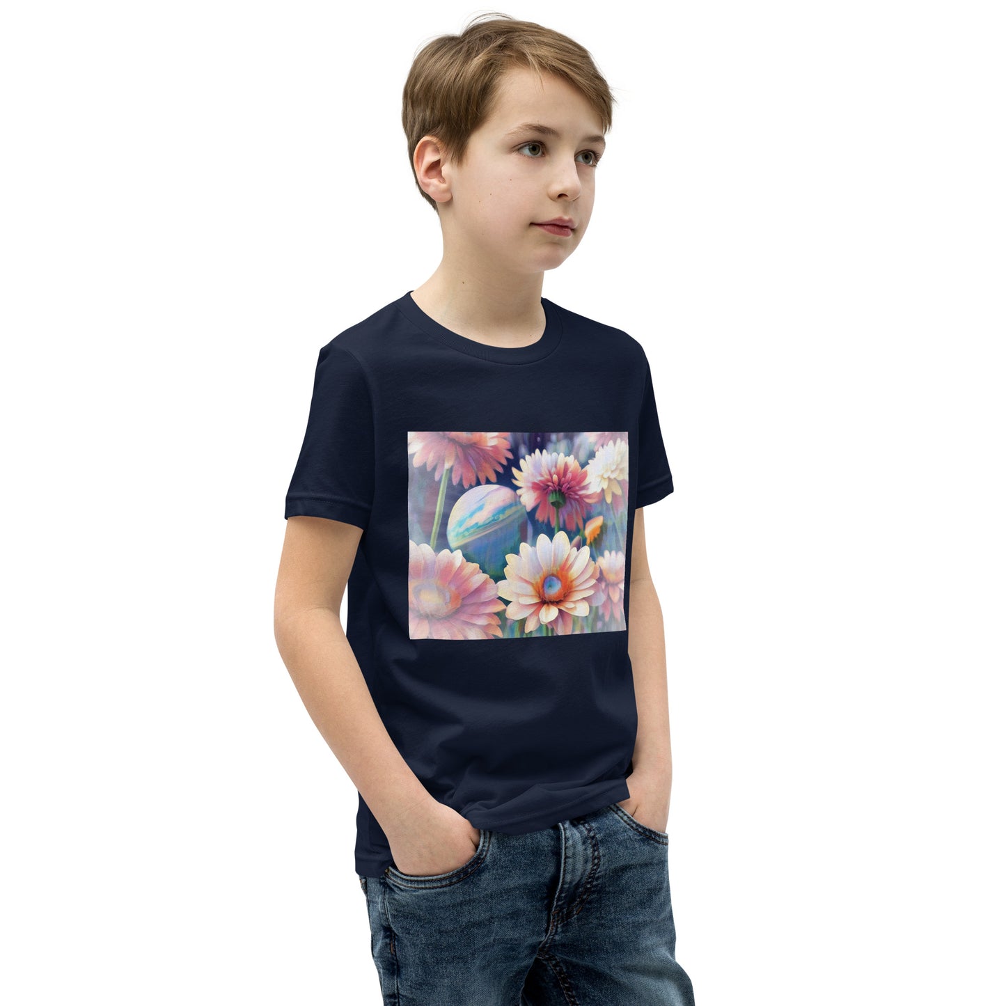 Pink Space Flowers Youth Short Sleeve T-Shirt