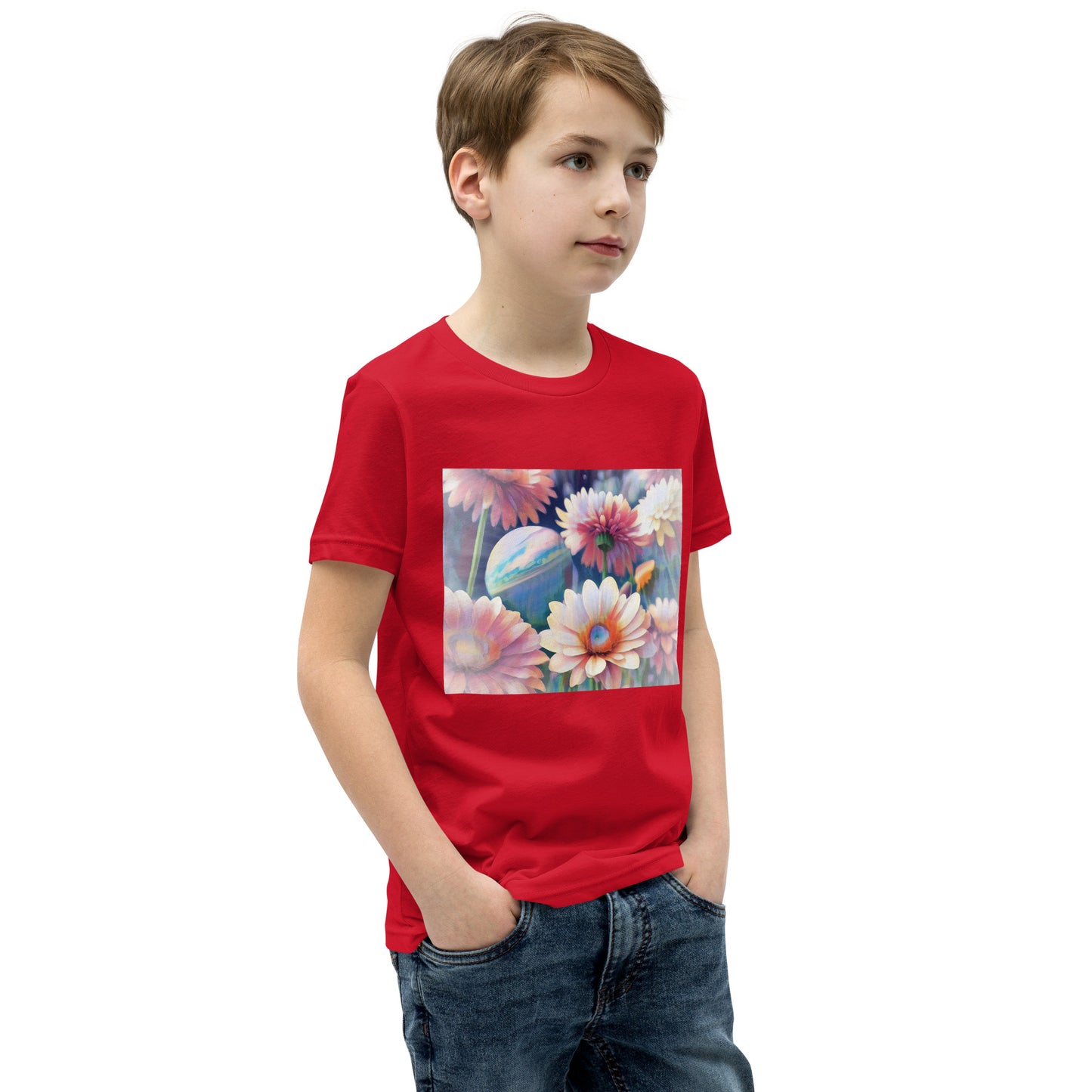 Pink Space Flowers Youth Short Sleeve T-Shirt