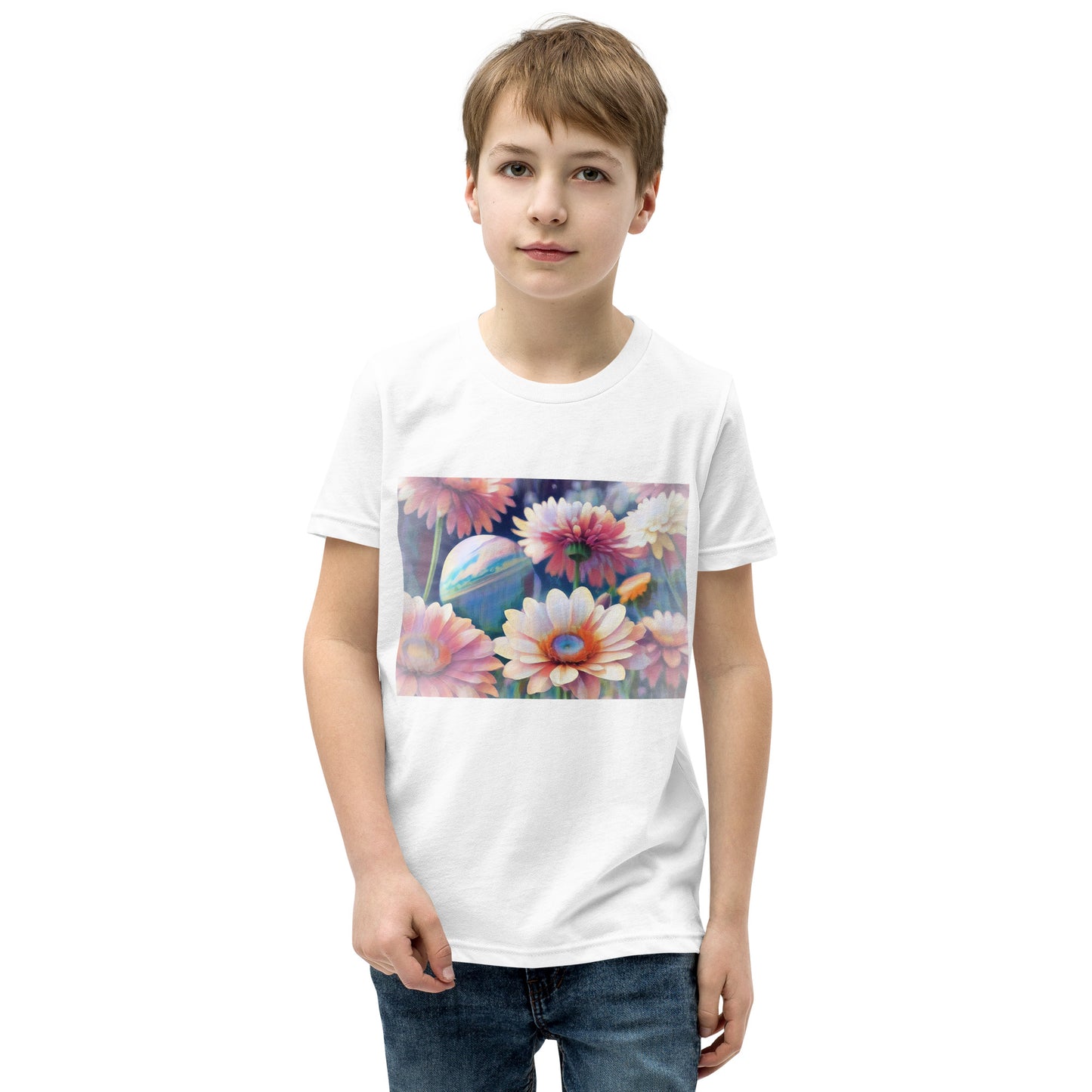 Pink Space Flowers Youth Short Sleeve T-Shirt