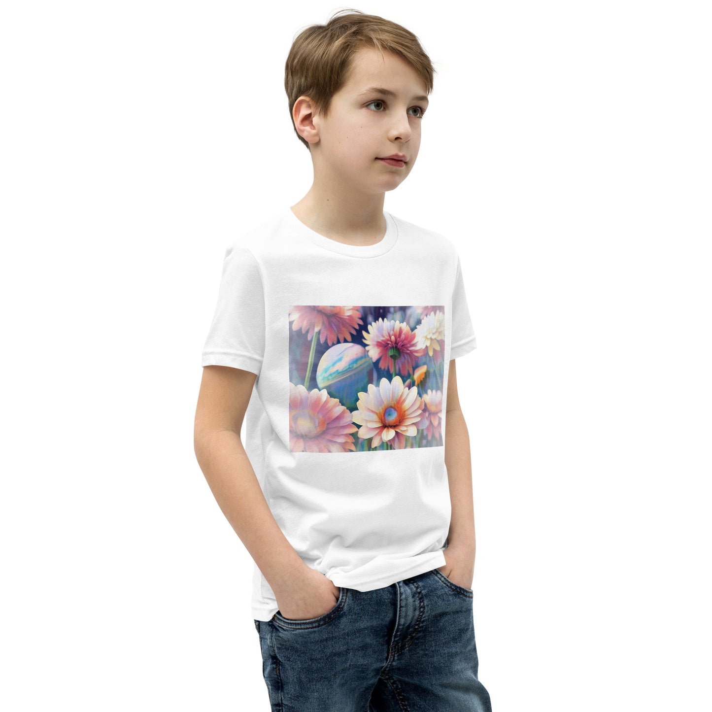 Pink Space Flowers Youth Short Sleeve T-Shirt